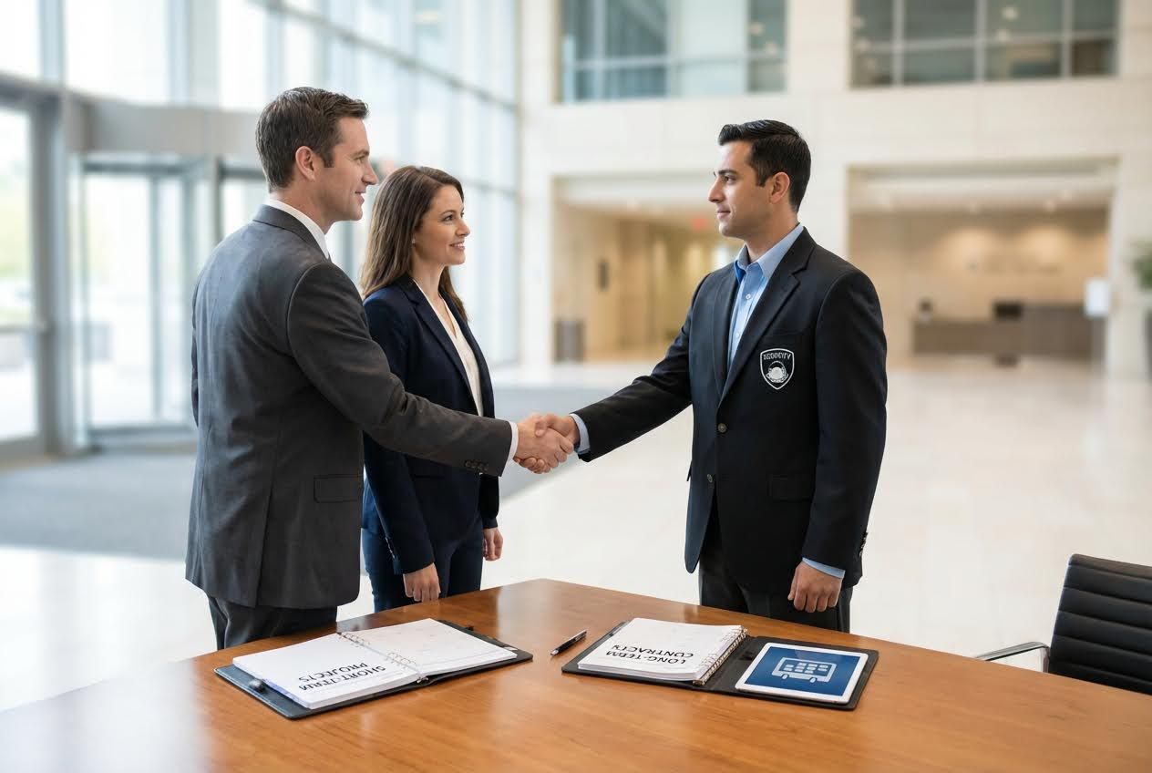 A man in a suit and a woman in a blazer shake hands with a security guard in a modern office.