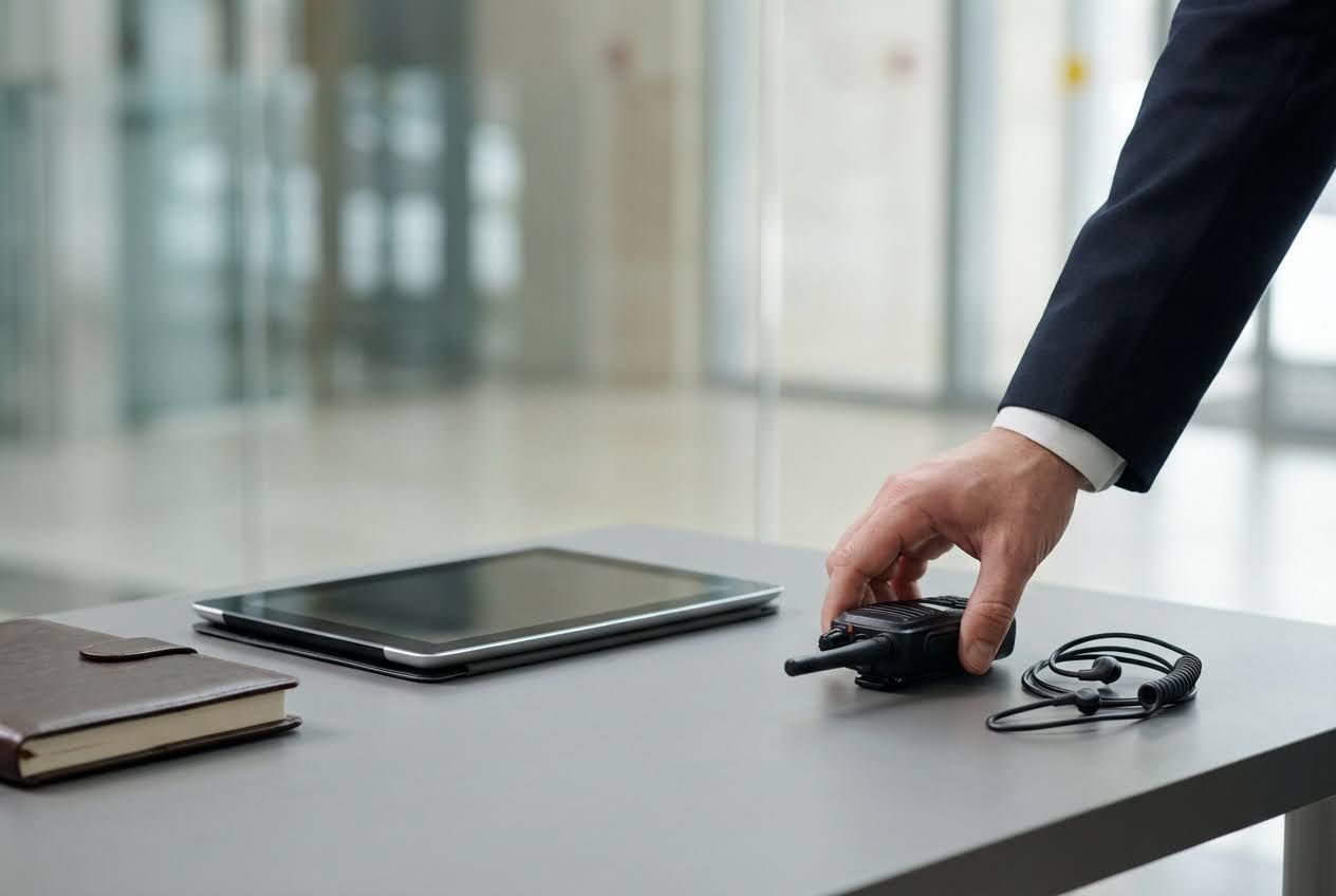 A man in a suit is placing a black walkie-talkie with an earpiece on a gray table next to a tablet and notebook.