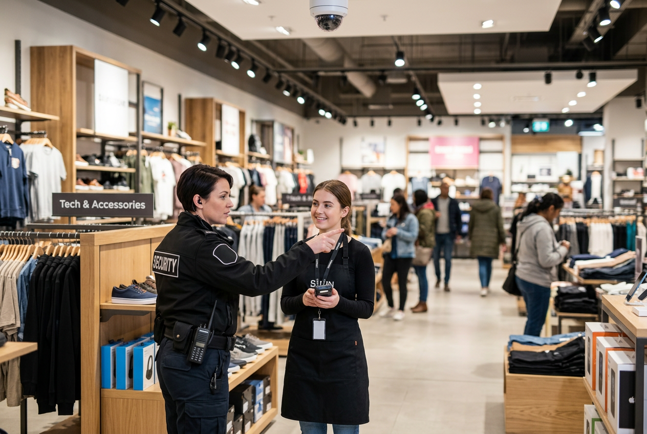 A security guard in a black uniform talks to a smiling store employee in a modern clothing store