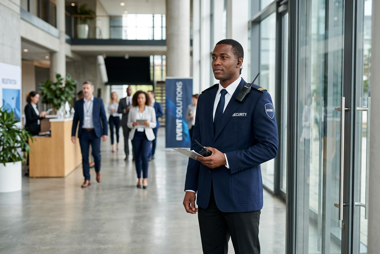 A security guard in a navy suit stands alert in a modern building lobby with people walking in the background.