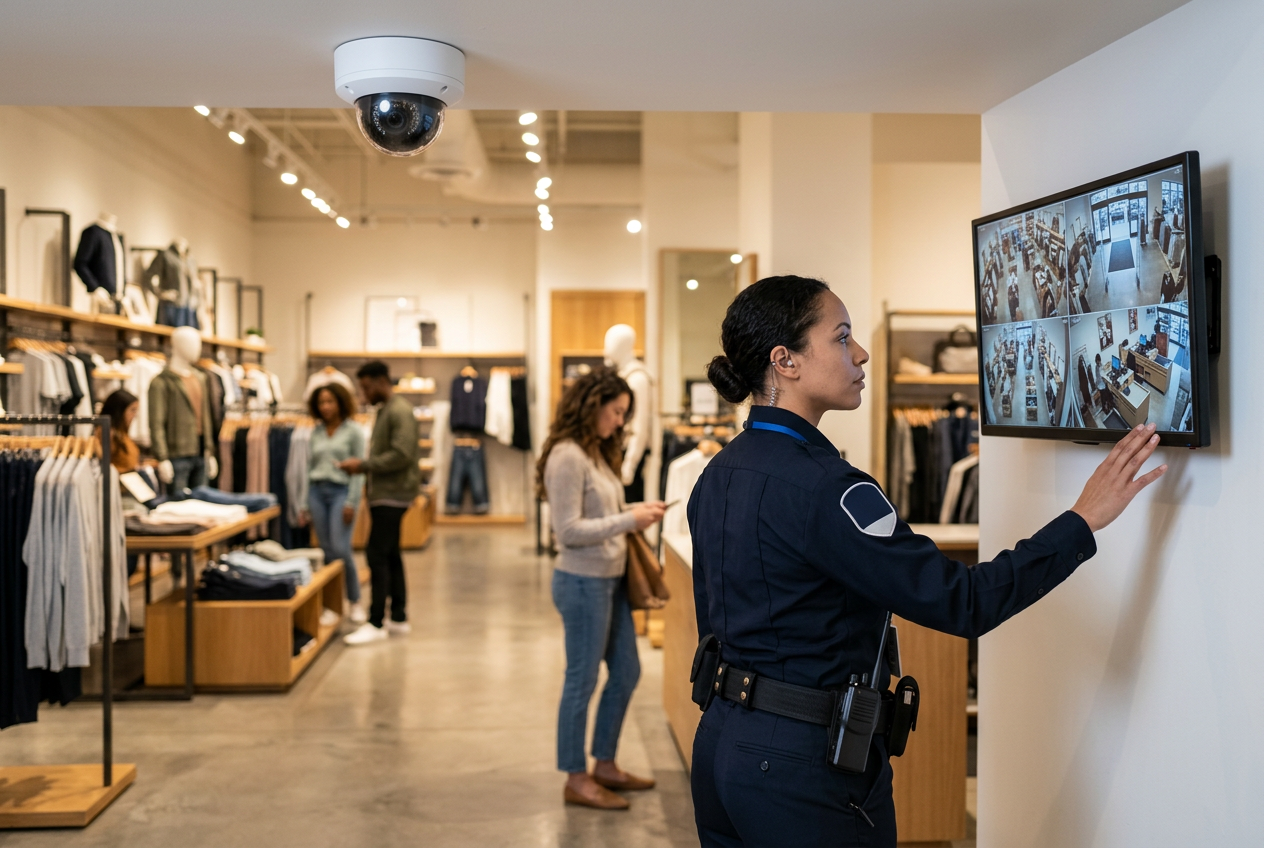 A security guard in a retail store monitors multiple surveillance camera feeds on a wall-mounted screen.