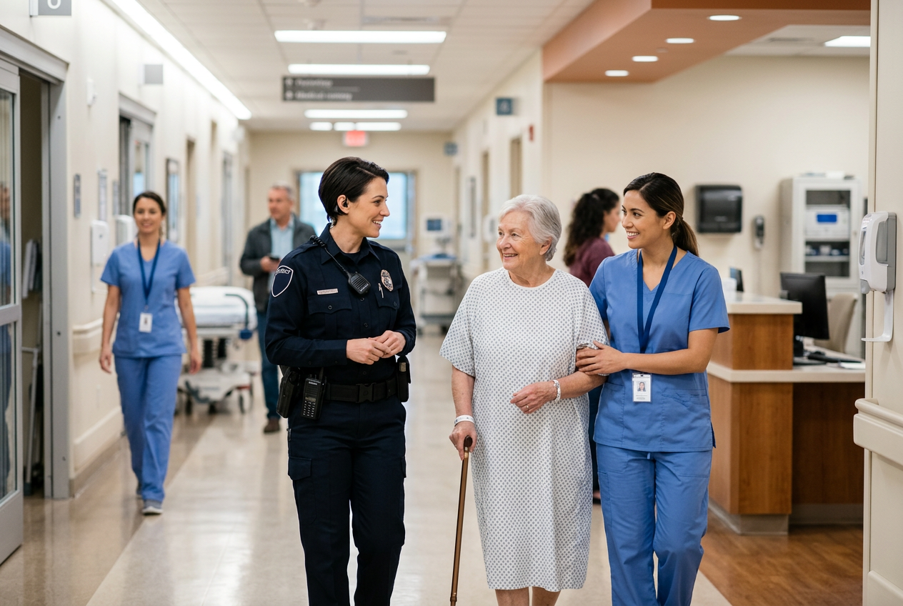 A smiling hospital security officer, nurse, and elderly patient with a cane walk down a bright hospital hallway