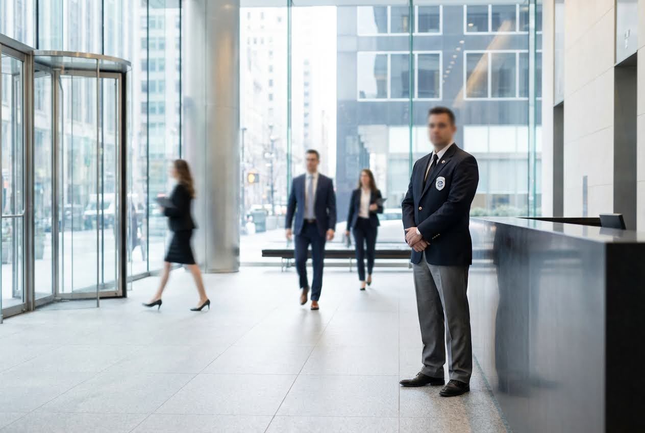 An unarmed security guard in a navy blazer stands by a black counter in a modern office lobby.