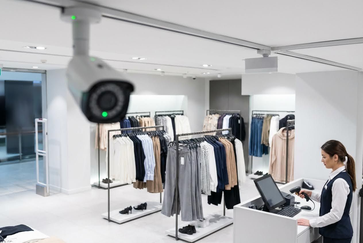 Blurred security camera overlooking a retail store with clothing racks and a cashier scanning an item