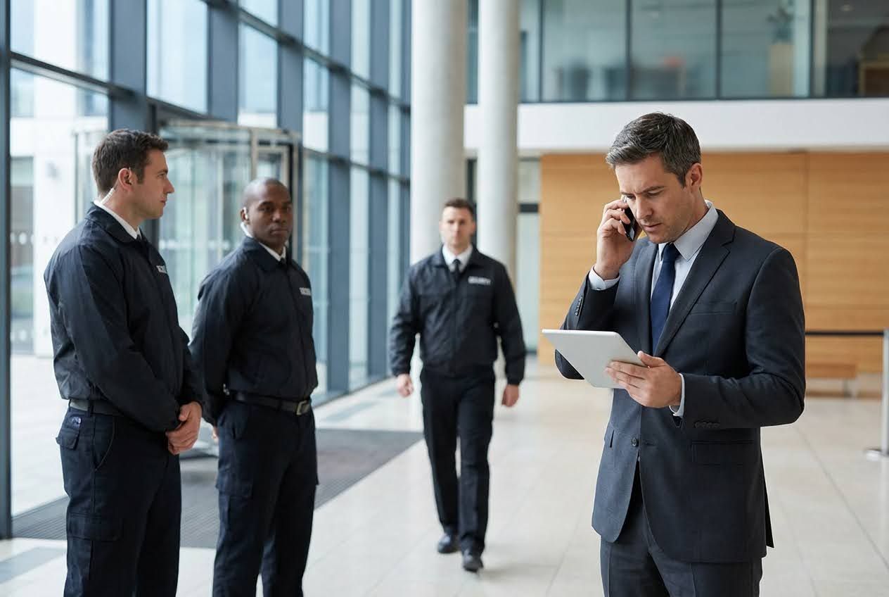 Business executive using tablet and phone while security team stands in modern office lobby