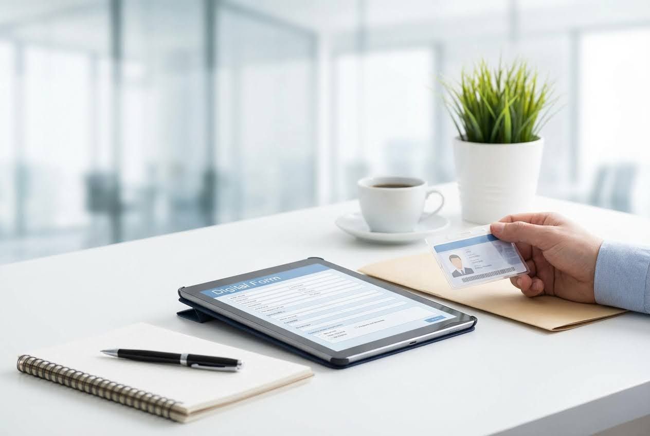 Hand holding an ID card over a white desk with a tablet displaying a digital form, coffee, and a plant.