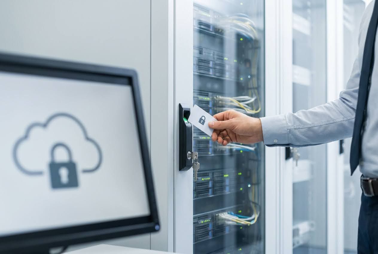 Hand swiping a security card with a lock icon into a data server rack, with a monitor showing a cloud and lock icon.