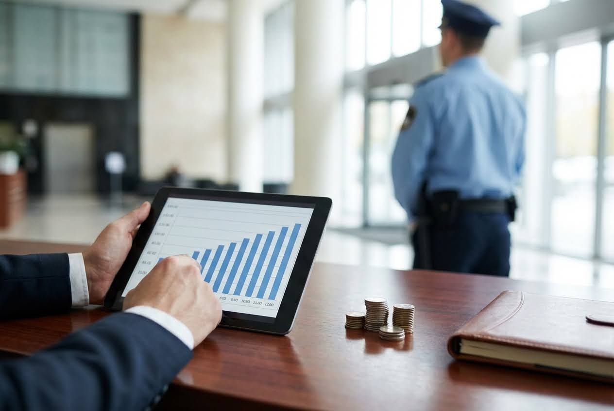 Hands in a suit holding a tablet with a bar graph, coins, and a blurred security guard in a modern office lobby.