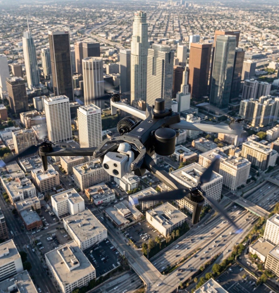 A helicopter flying over a downtown skyline of tall office buildings in daylight