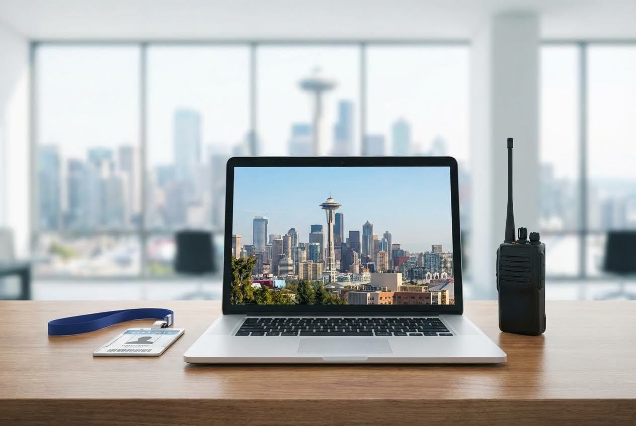 Laptop displaying Seattle skyline, walkie-talkie, and ID badge on a wooden desk with a blurred city background.