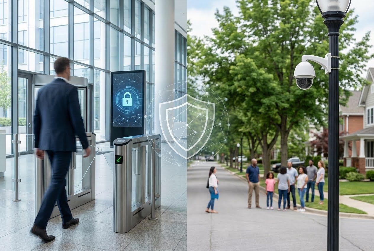 Split image: left shows a man entering a building with a digital security screen; right shows a street with a security camera and people