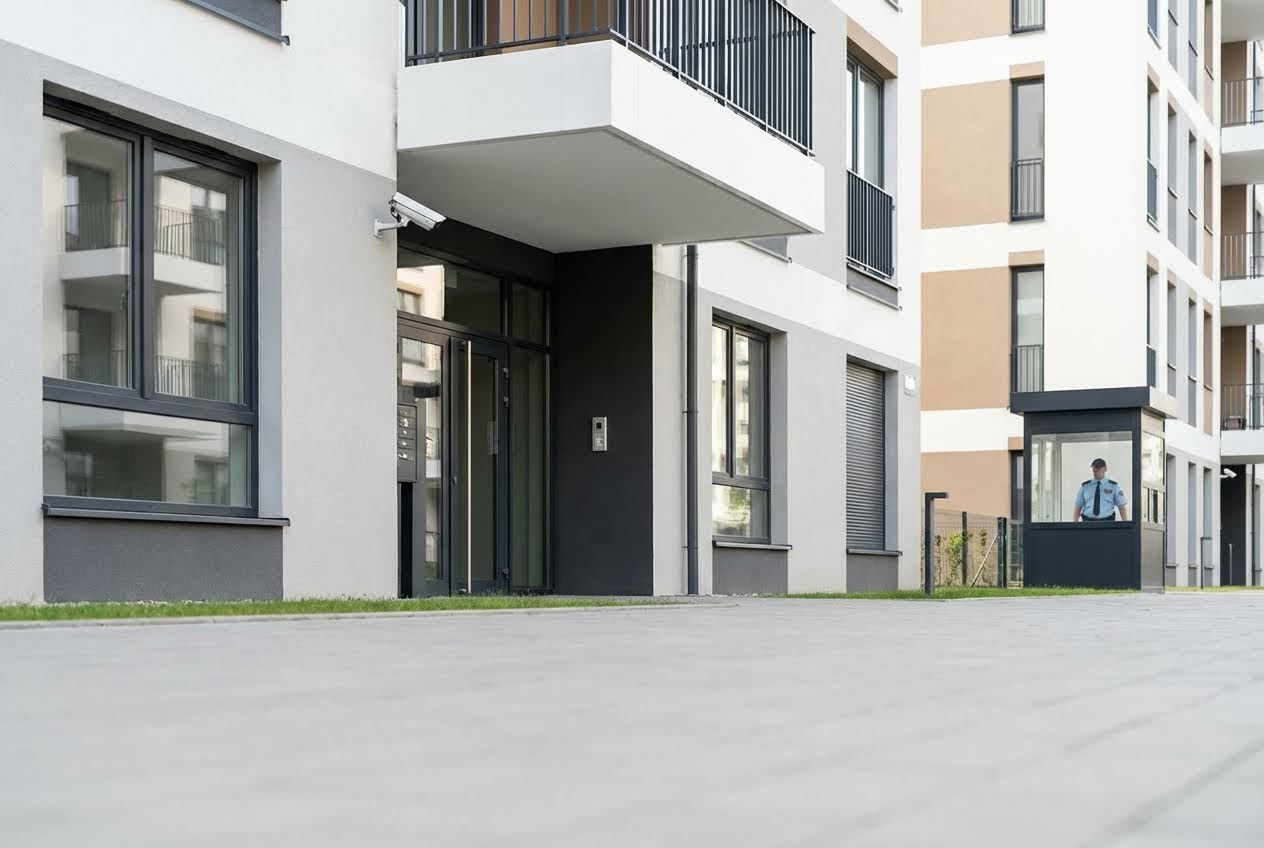 Modern apartment building exterior with a security guard in a booth and a surveillance camera near the entrance.