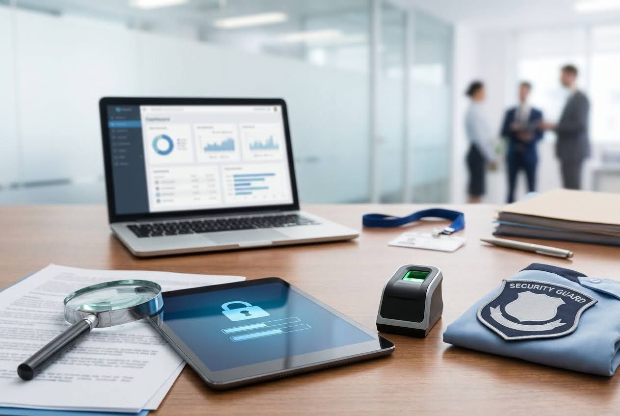 Office desk with laptop, tablet, magnifying glass, fingerprint scanner, and a