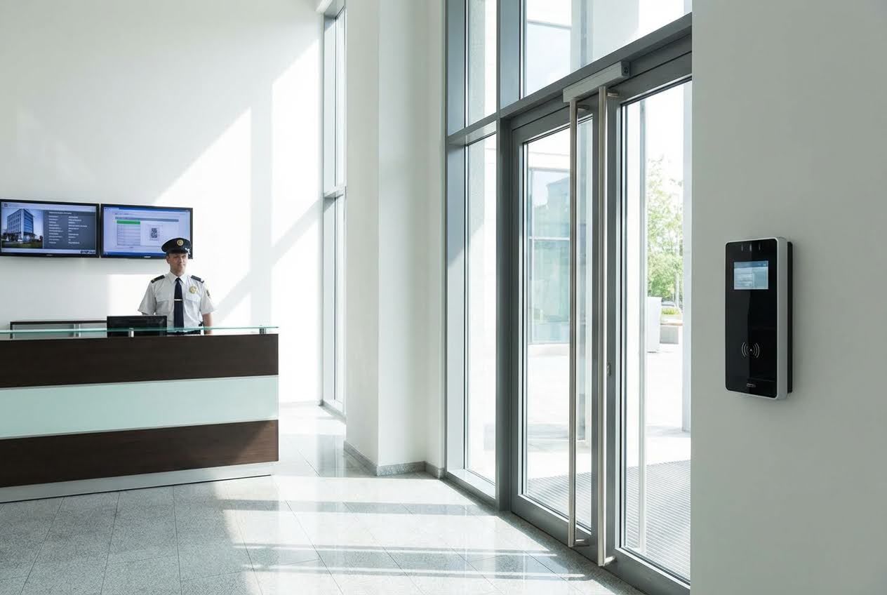 Security guard at a modern reception desk with monitors, next to glass doors and an access control reader.
