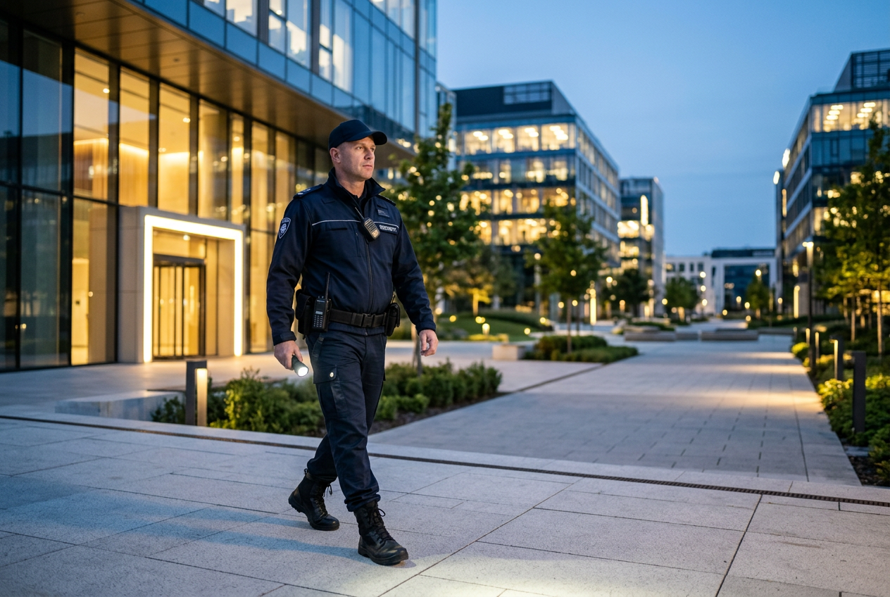 Security guard in dark uniform and cap, holding a flashlight, patrolling a modern office complex at dusk.