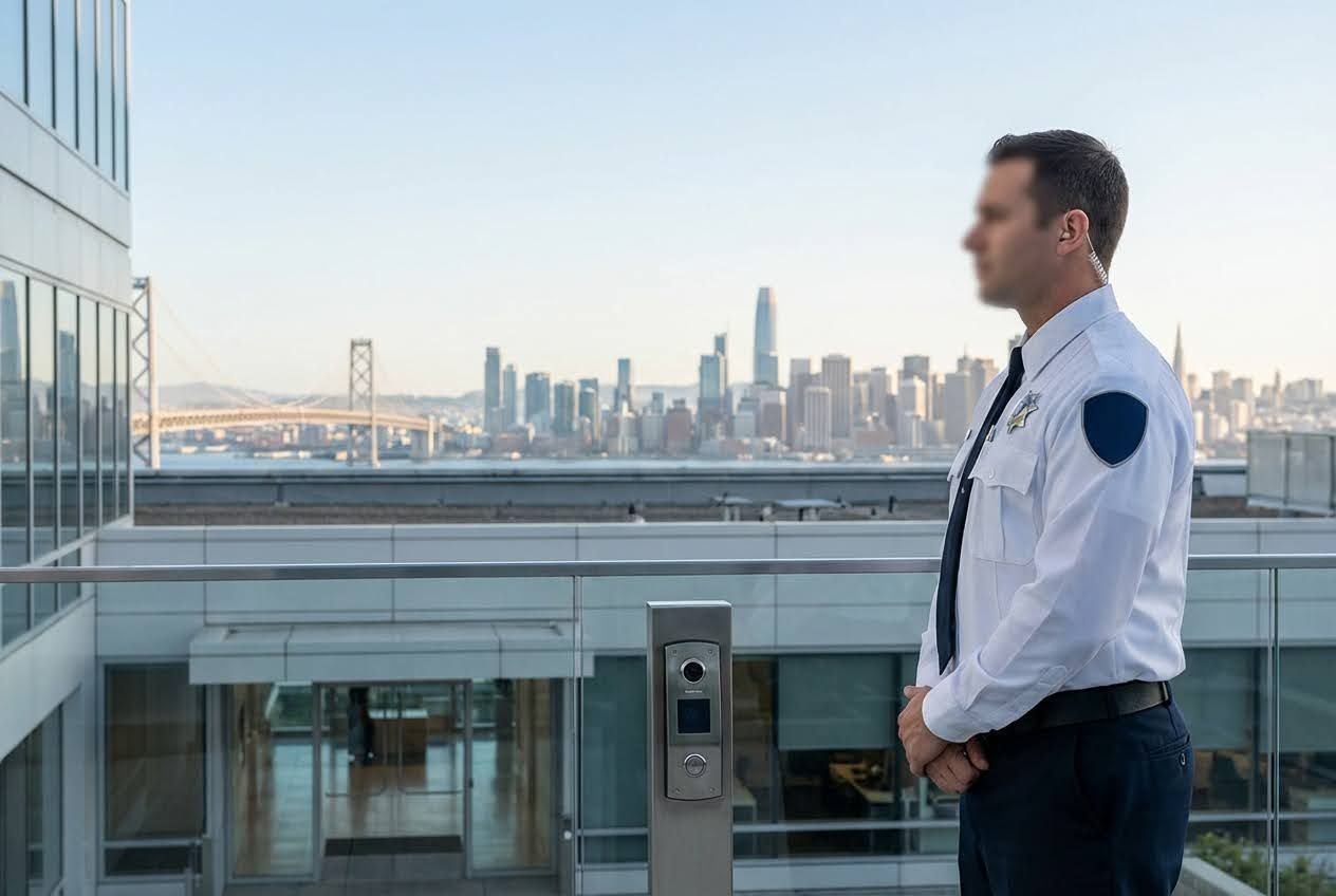 Security guard in uniform on a rooftop overlooking the San Francisco skyline and Bay Bridge.