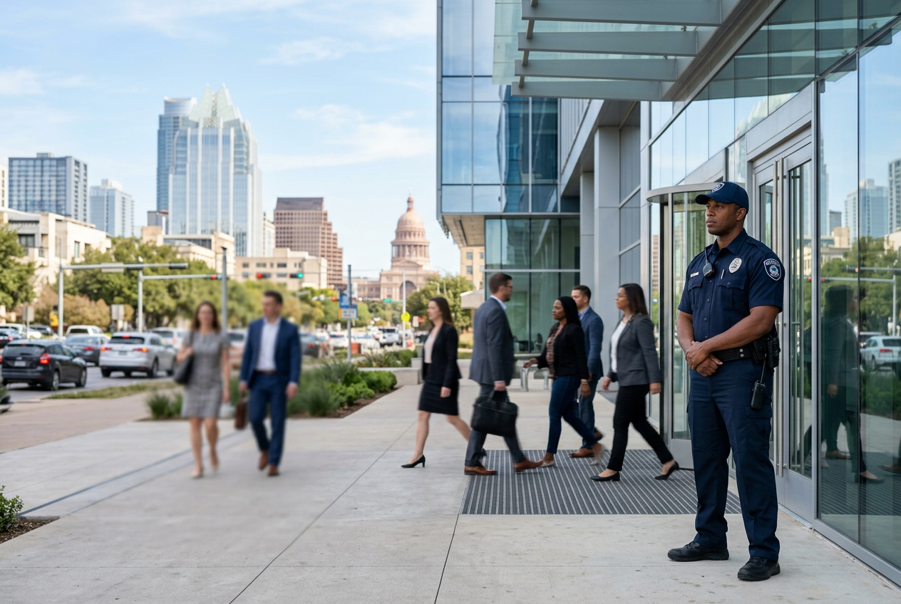 Security guard in uniform stands outside a modern building with the Austin skyline in the background