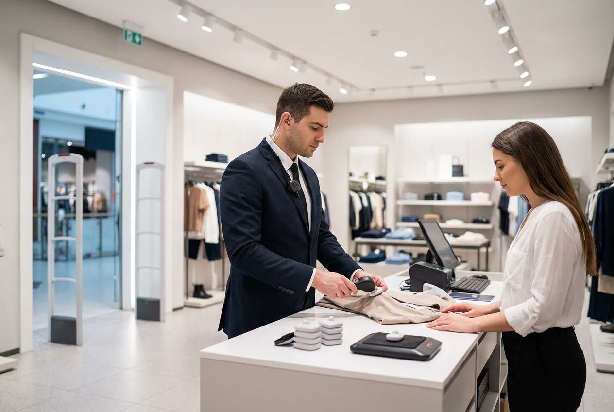 Security guard scanning an anti-theft tag off a shirt for a customer at a retail checkout counter.
