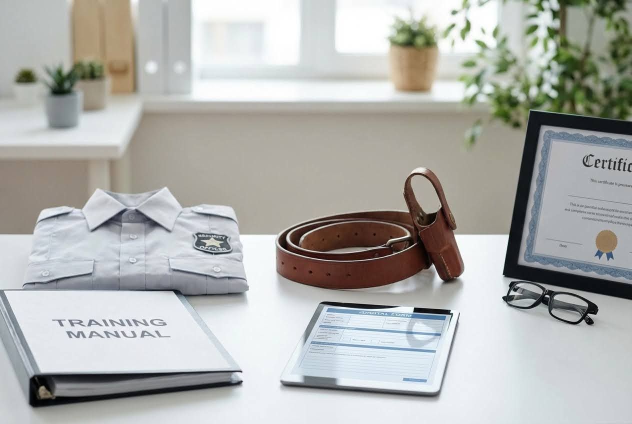 Security officer uniform, training manual, holster, tablet, and framed certificate on a white desk.