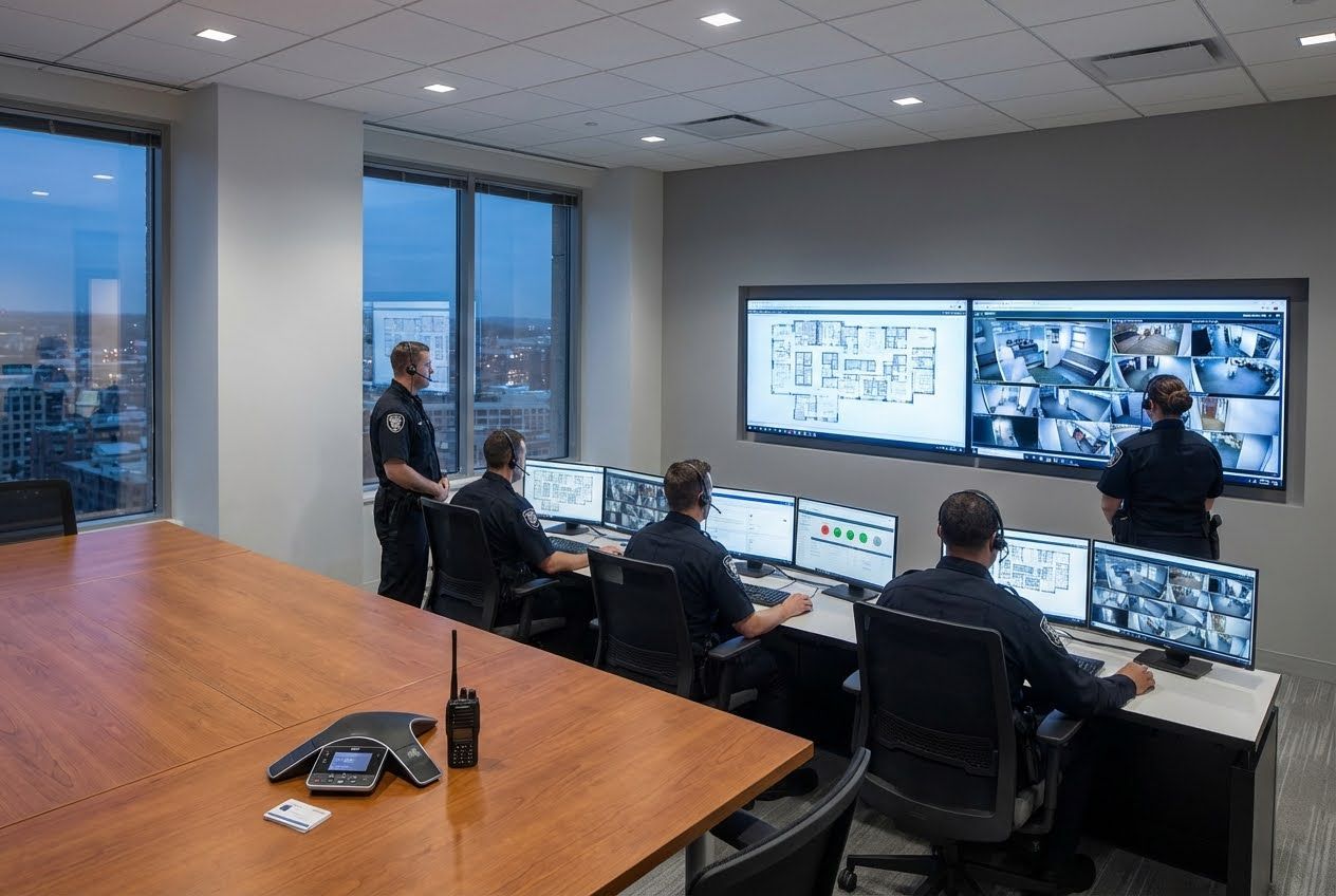 Security personnel in uniform monitor multiple screens displaying floor plans and surveillance feeds in a modern control room.