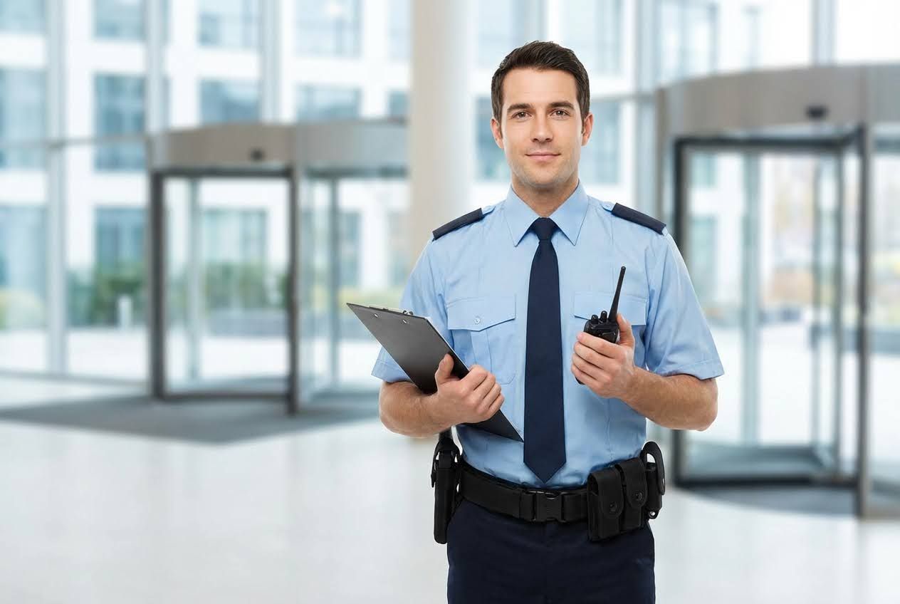 Smiling male security guard in a light blue uniform holding a clipboard and a walkie-talkie in a modern building lobby