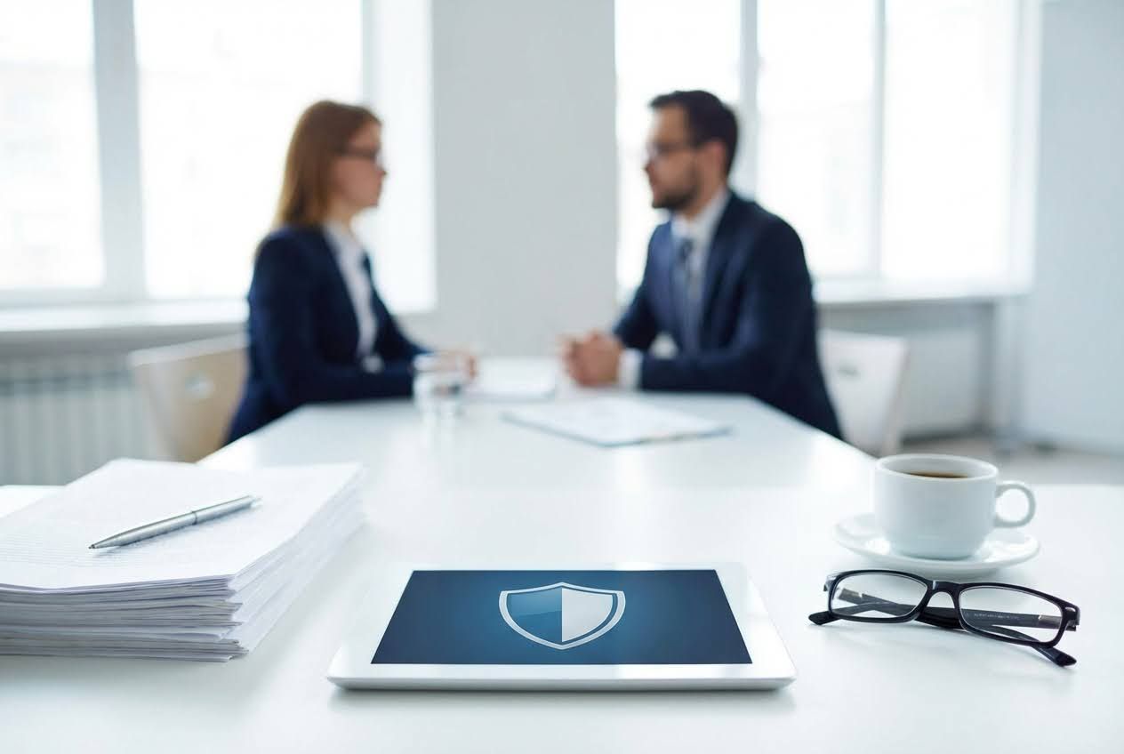 Tablet with a shield icon, documents, and coffee on a white table, with two blurred businesspeople in the background.