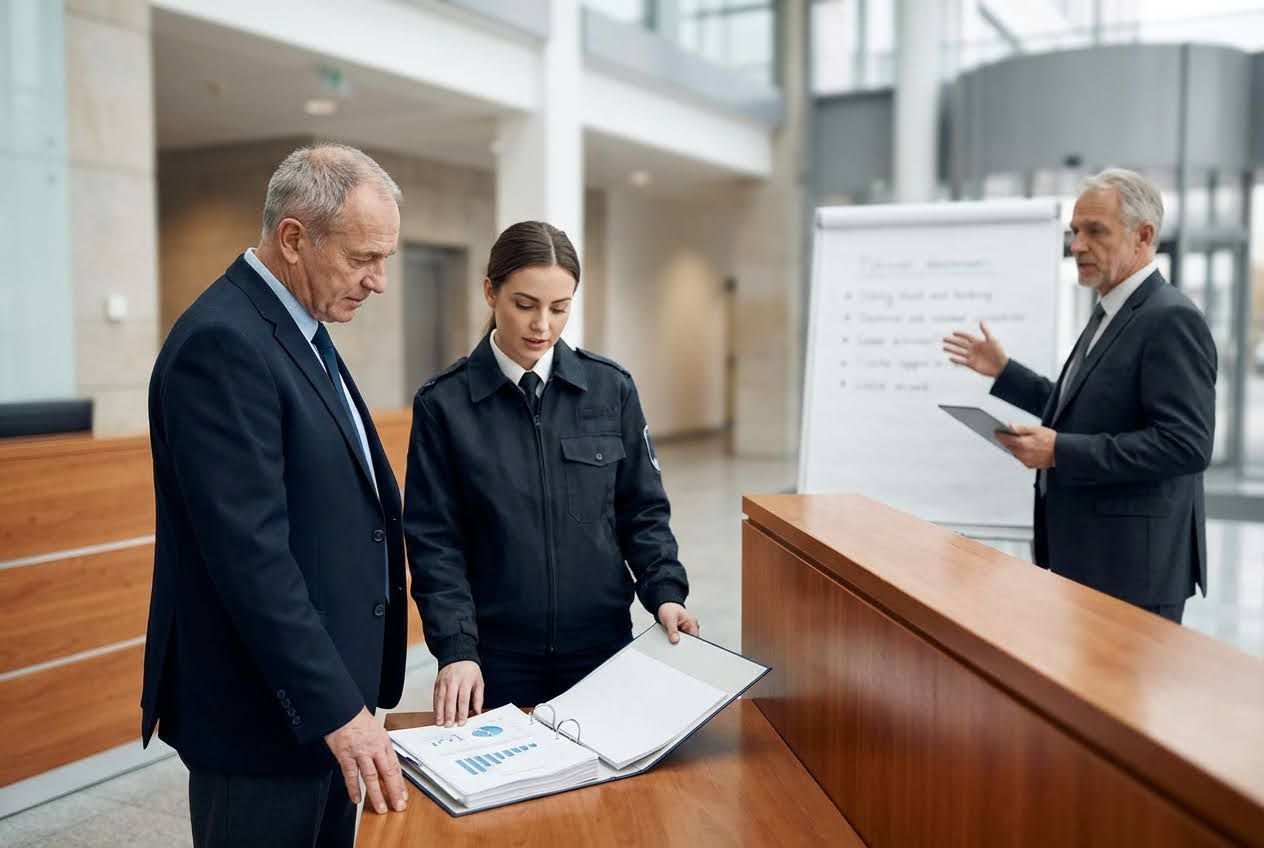 Alt img text: Three professionals, two men in suits and a woman in uniform, review charts and present in a modern office.
