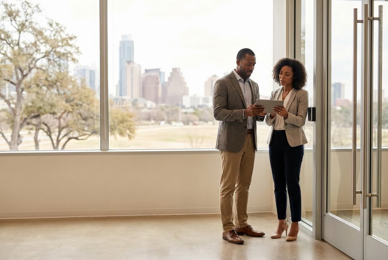 Two business professionals review a tablet in a modern office with large windows overlooking the Austin skyline.