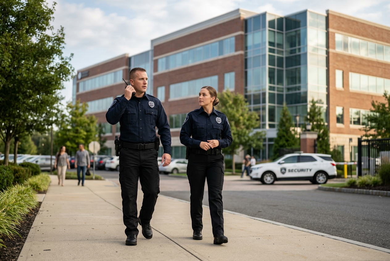 Two security guards in dark uniforms walk on a sidewalk outside a modern brick and glass building with a security car nearby.