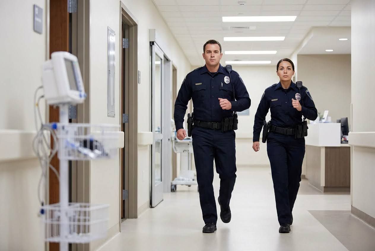 Two uniformed hospital security officers, a man and a woman, run down a bright, empty hospital hallway.
