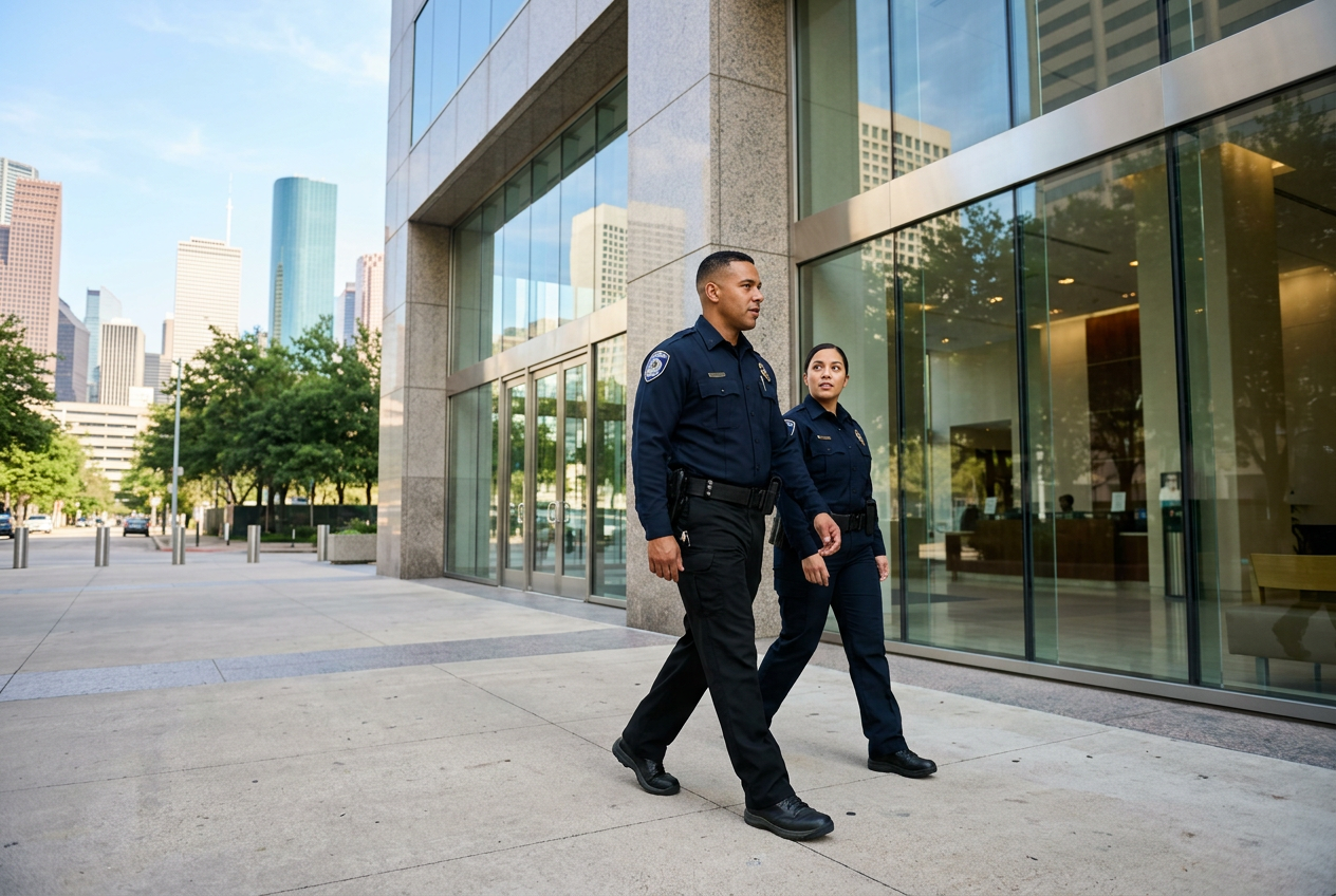 Two uniformed security officers, a man and a woman, walk past a modern glass building in a city.
