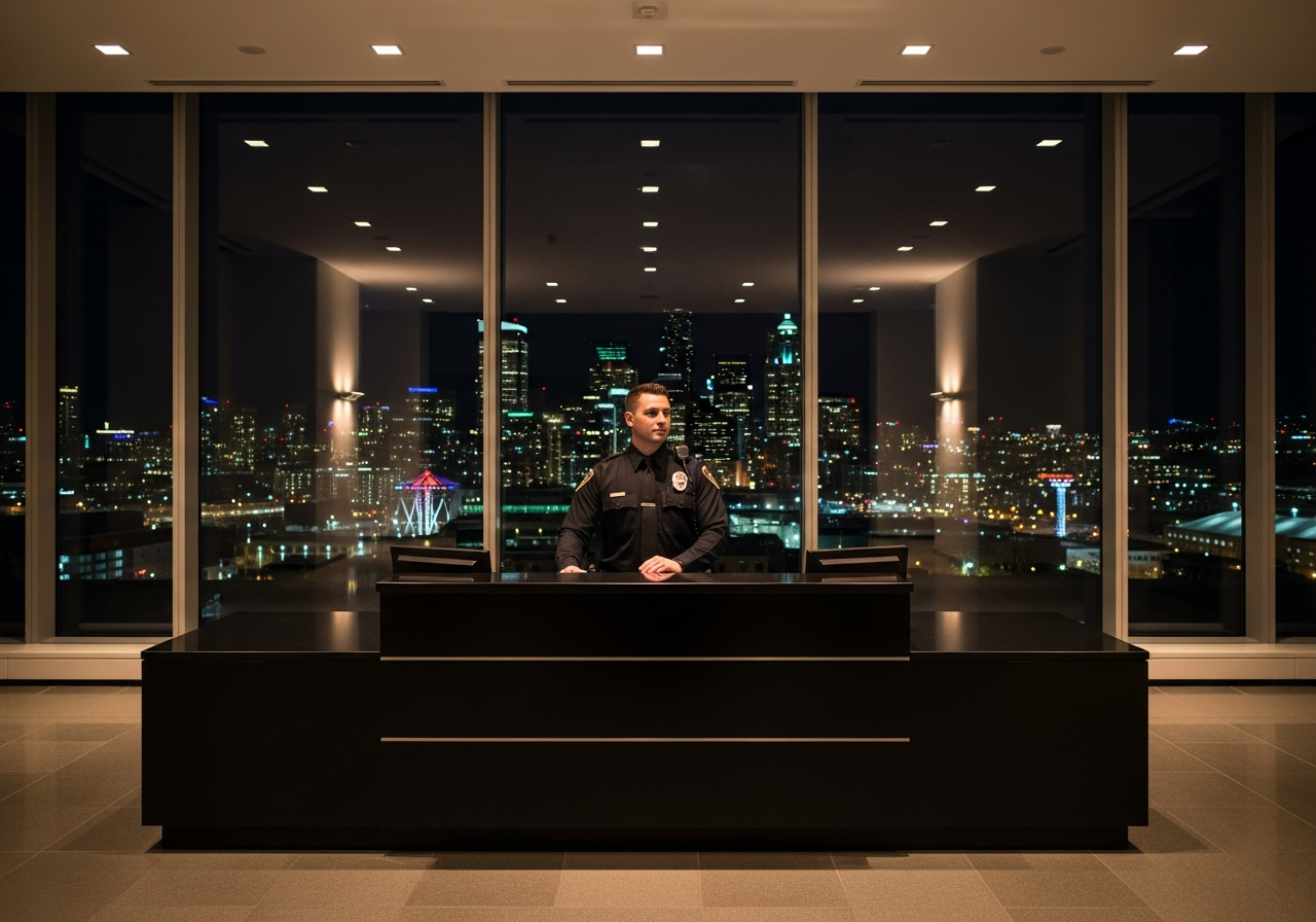 A uniformed security officer standing at the front desk of a darkened office building lobby at night