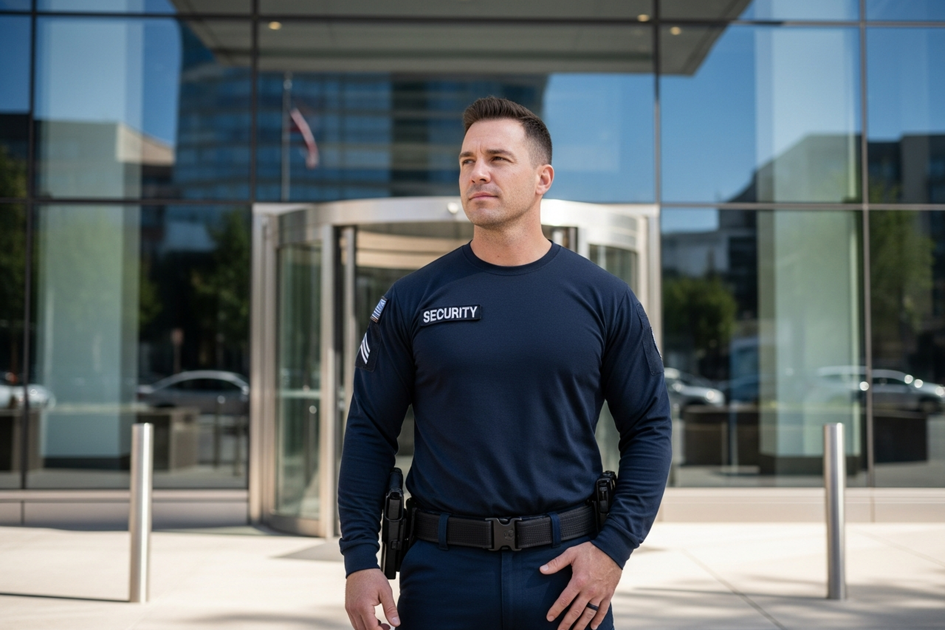 Security guard standing outside a modern glass building, wearing a navy uniform and looking to the side