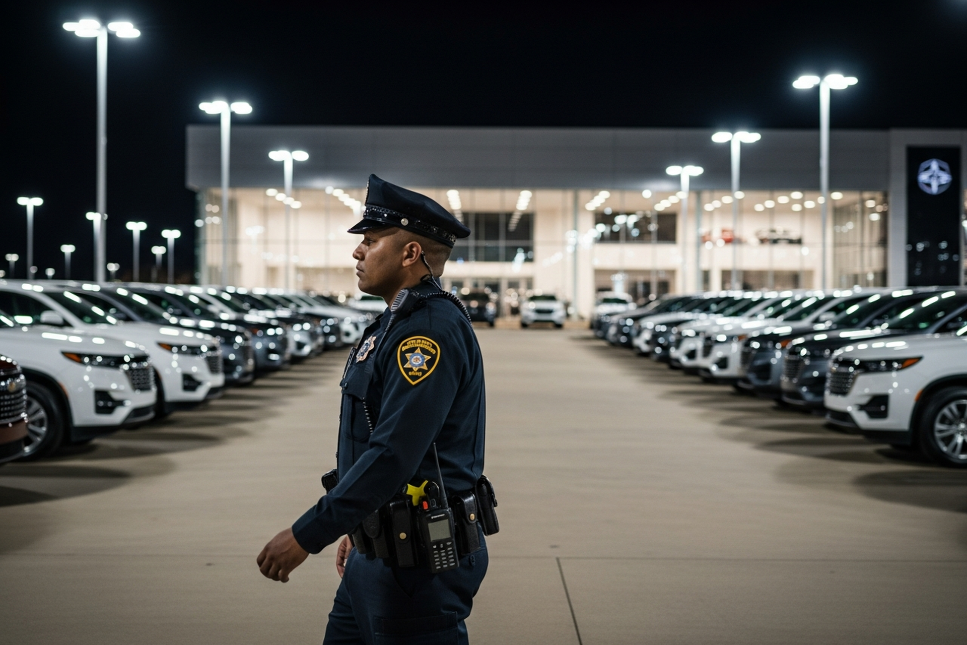 Security guard in dark uniform standing between rows of parked security SUVs at night
