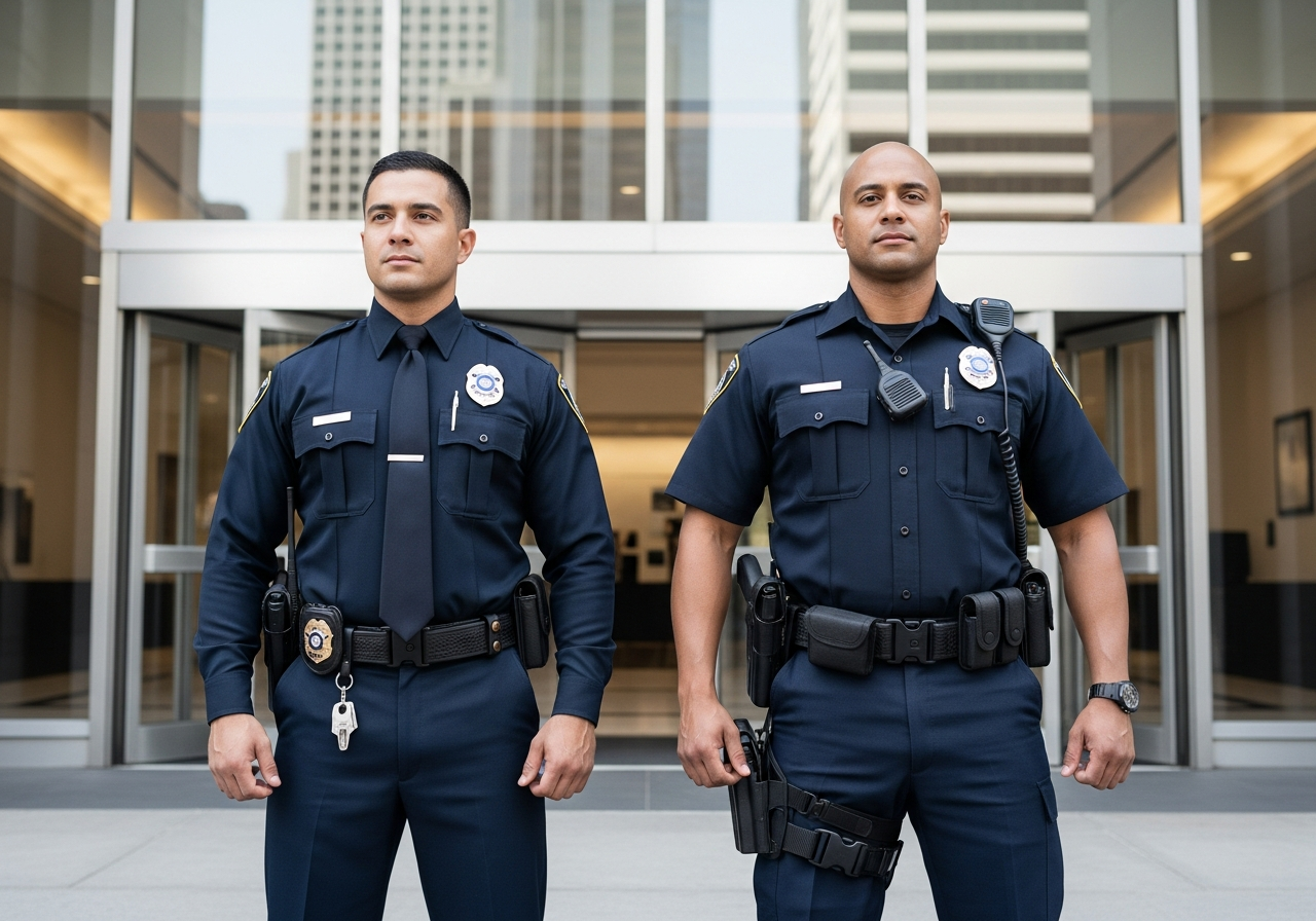 Two security officers in navy uniforms standing outside a modern building entrance