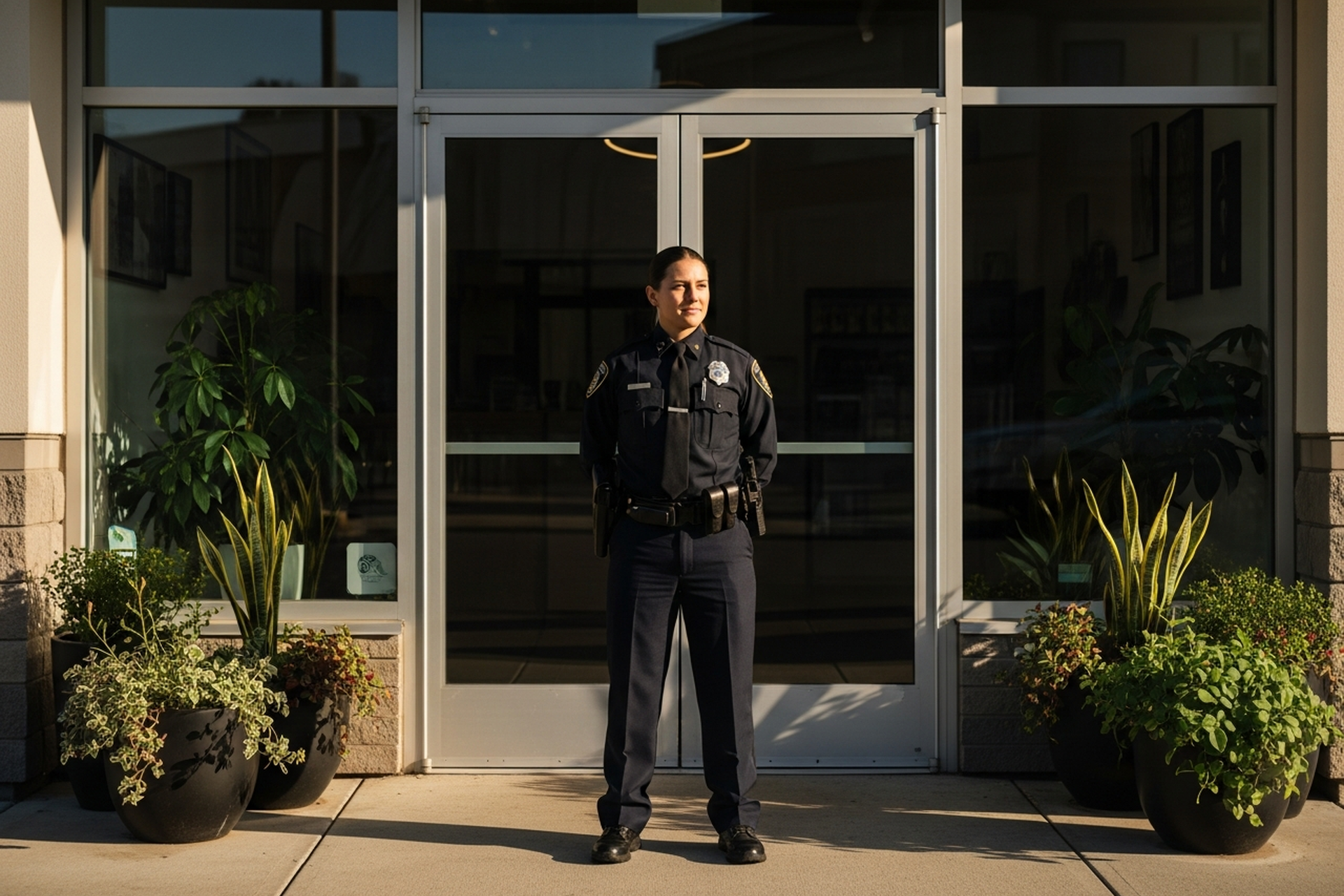 Security officer in navy uniform at the glass entrance of a Washington state cannabis dispensary storefront