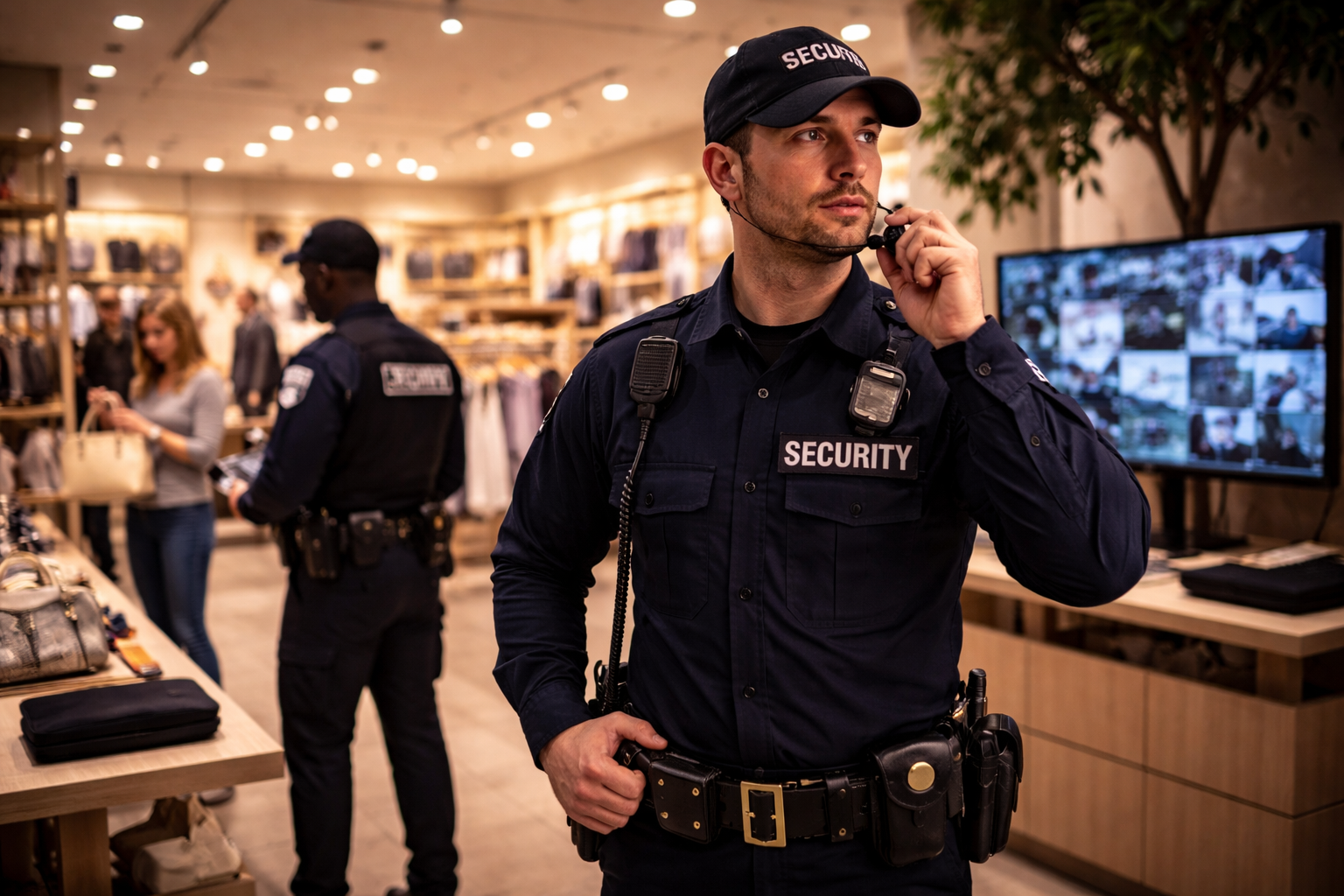 Security guards monitor a retail store interior, with one officer speaking into a radio while another watches shoppers and surveillance screens to prevent theft.