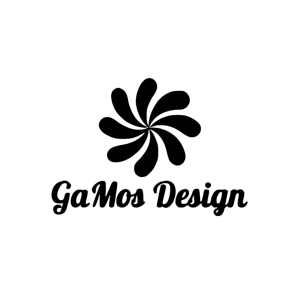 A logo for a company called gamos design with a colorful flower on a white background.