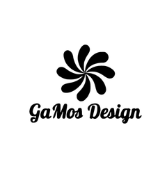 A logo for a company called gamos design with a colorful flower on a white background.