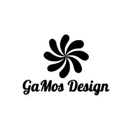 A logo for a company called gamos design with a colorful flower on a white background.