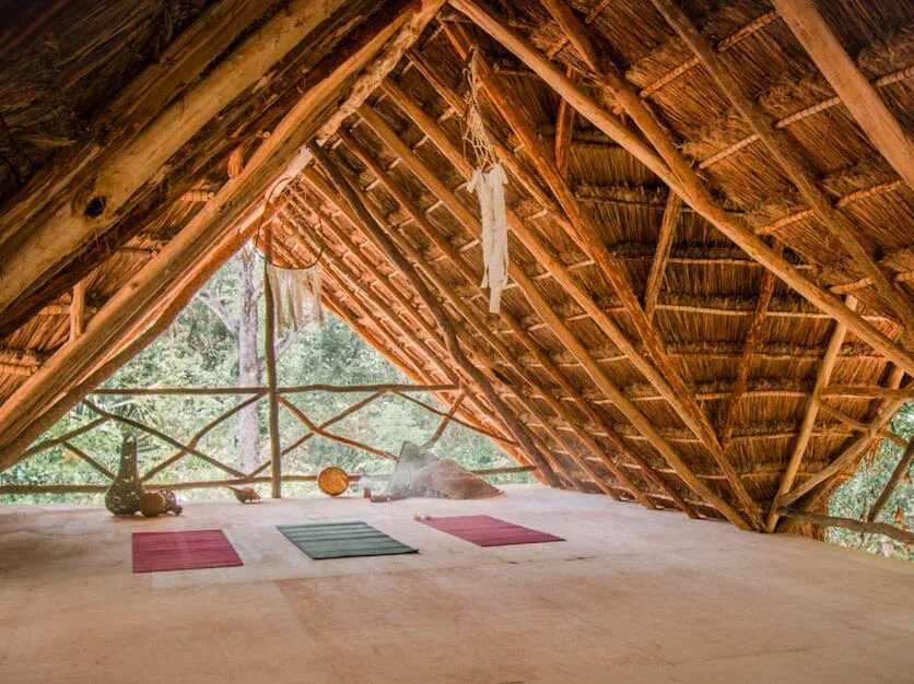 Estudio de yoga con techo de paja, vigas de madera, vista al aire libre y tres colchonetas.