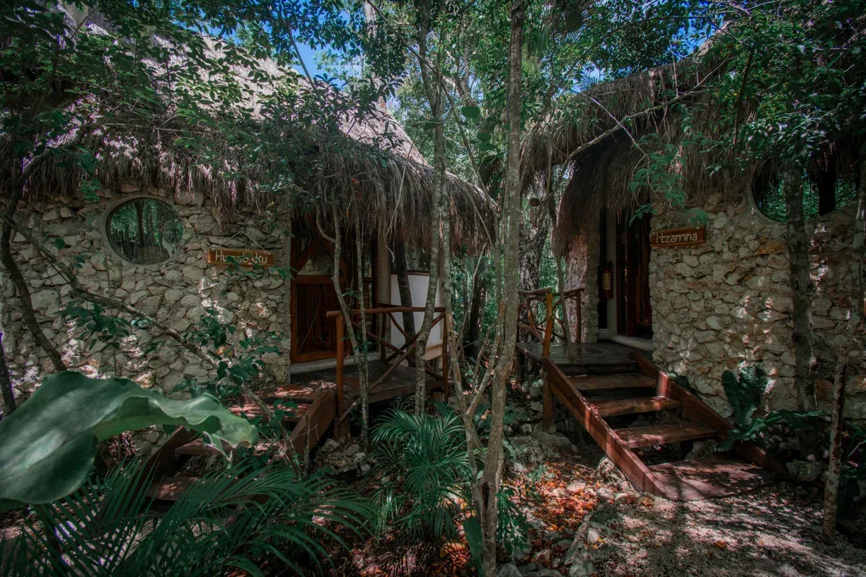 Dos cabañas rústicas con techos de paja, construidas en piedra, enclavadas en un exuberante follaje verde de la jungla.