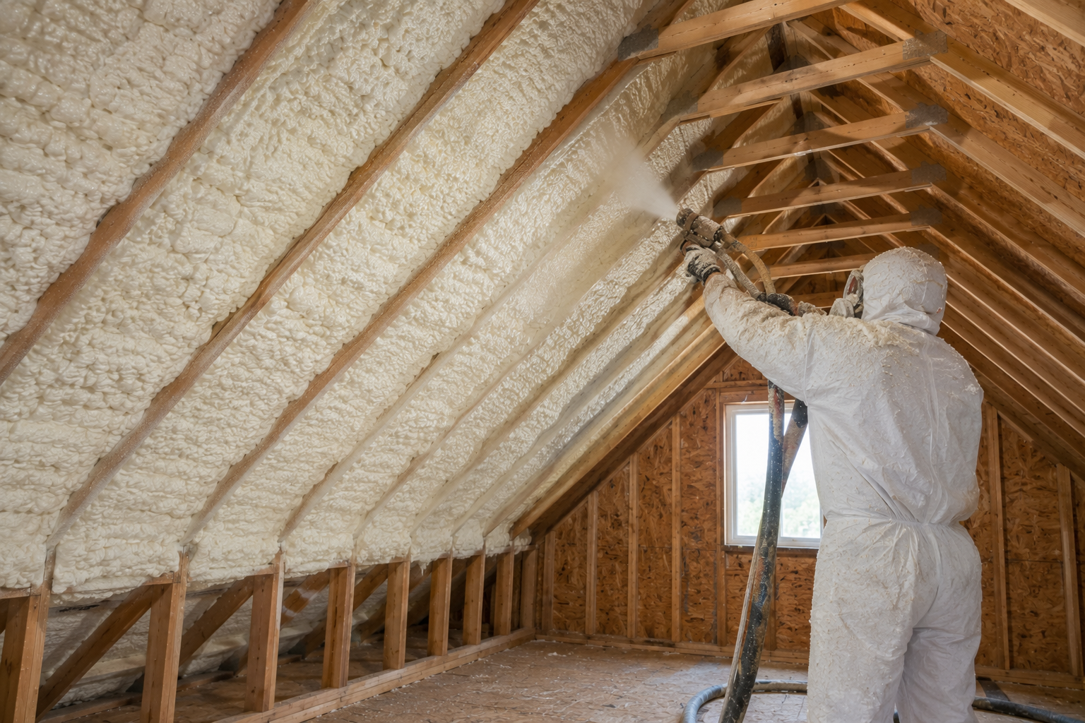 A spray foam installer applying spray foam insulation into the rafters of an attic