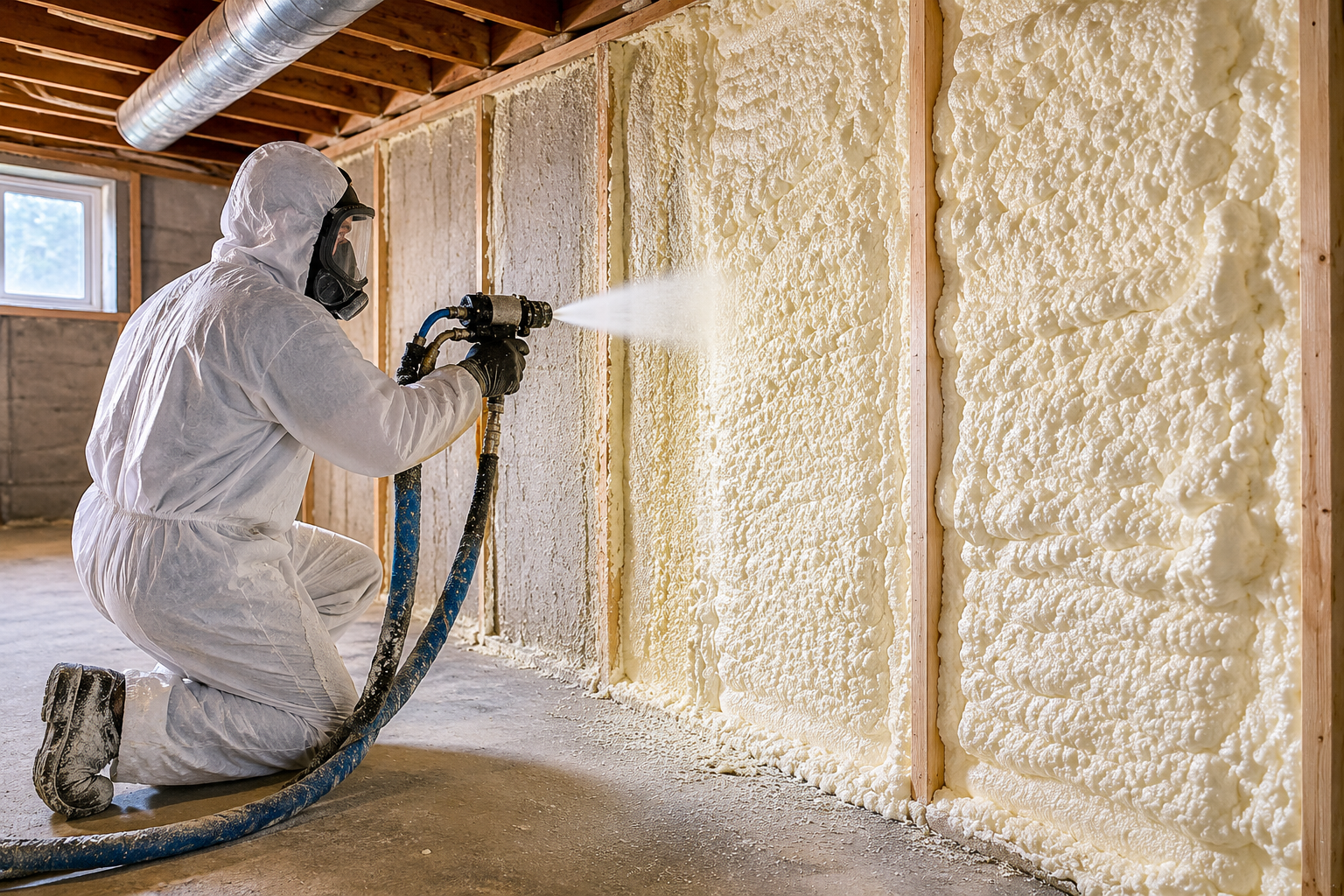 A concrete basement wall receiving spray foam insulation