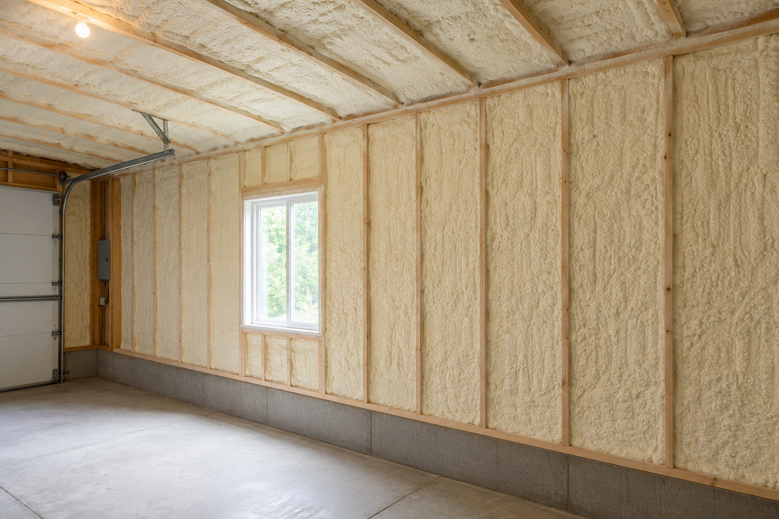 A newly framed garage with spray foam insulation finished between the studs of the walls