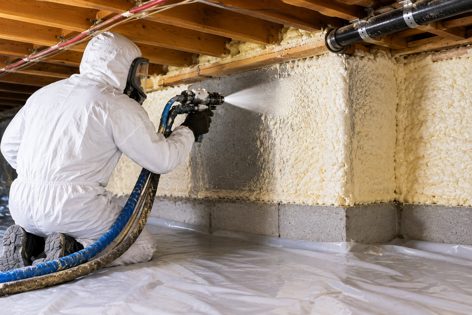 A man dressed in full protective suite using spray gun to apply spray foam to the underside of a roof.