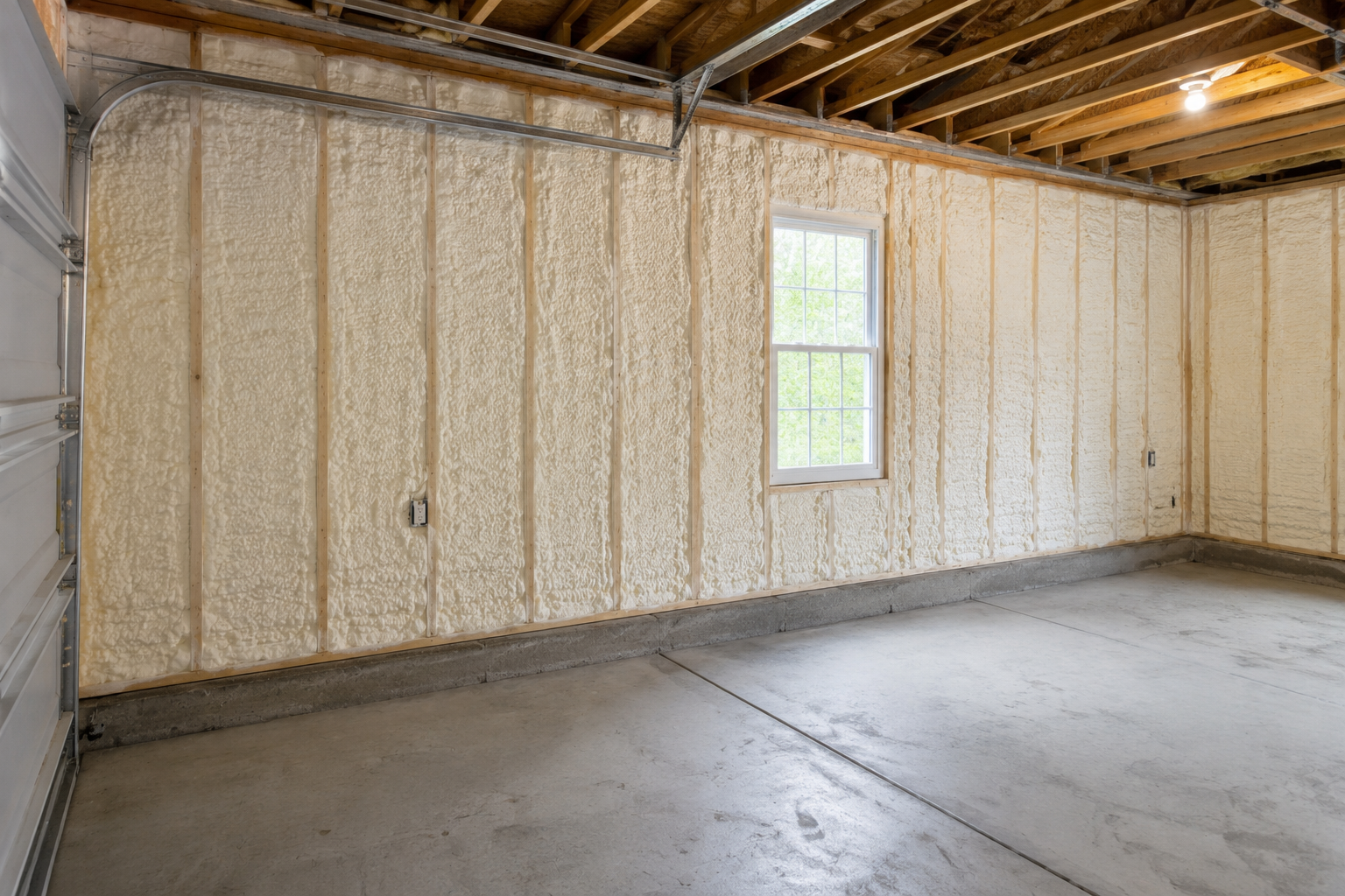 A newly framed garage with spray foam insulation finished between the studs of the walls