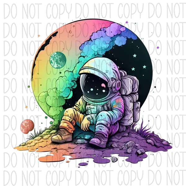 Astronaut sitting with colorful moon.