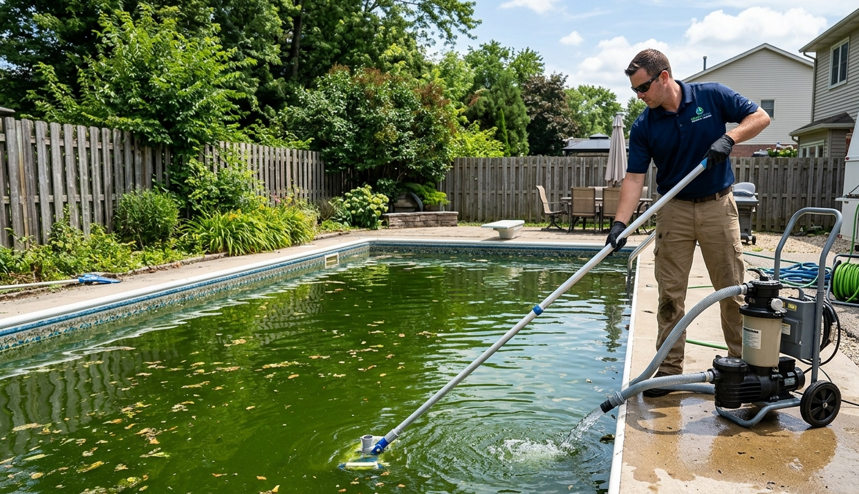 Man cleaning a backyard pool with a vacuum hose and pump on a sunny day