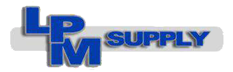 Logo of LPM Supply in blue lettering with white drop shadow.